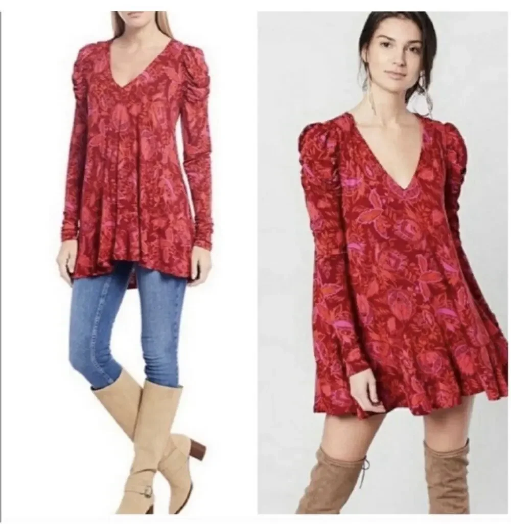Free People Hello Lover Tunic Top XS Scarlet Combo Red V-Neck Puff Sleeve Boho
